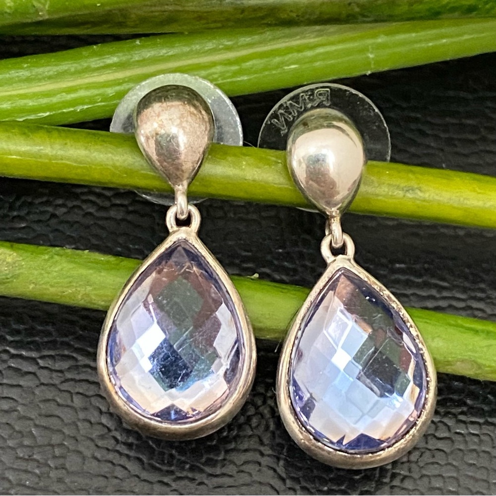 Vintage Signed 925 Purple Glass Teardrop Crystal Drop Earrings 6.7g
